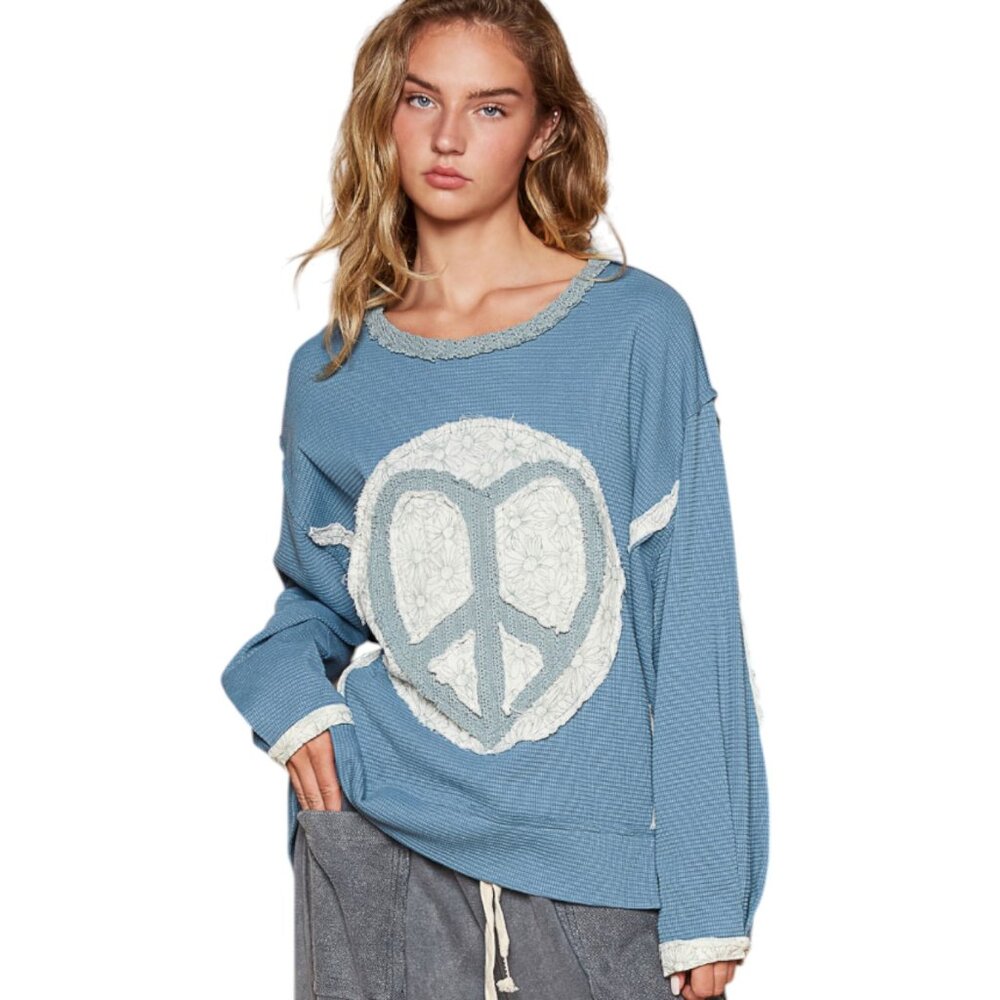 POL Peace Sign Top Thermal W/ Floral Gauze Patchwork Ocean Blue Lightweight